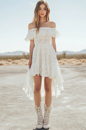 White Lace Off the Shoulder A Line High-Low Boho Graduation Dress